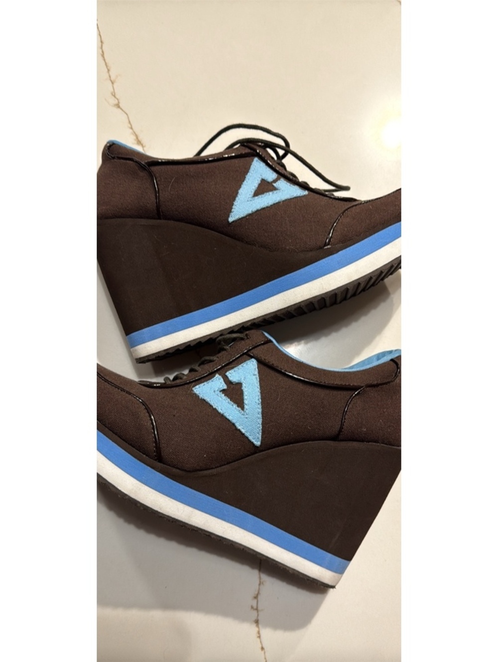 Volatile Kicks Vintage Y2K Dip Platform Chunky Brown Blue Wedge Sneakers Size 8